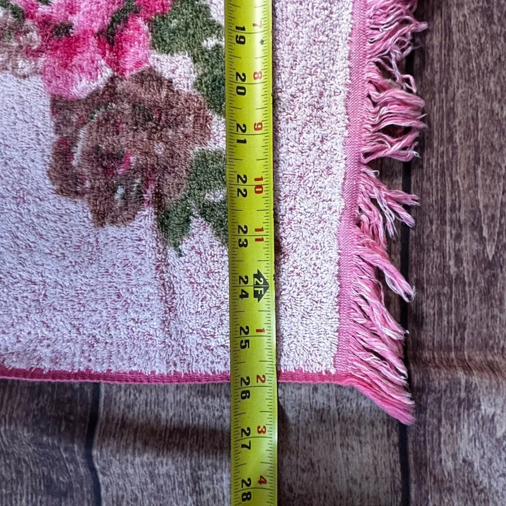 Vintage 70s Fashion Manor Pink Rose Floral Fringed Bath Towel Set 3 Piece Cotton